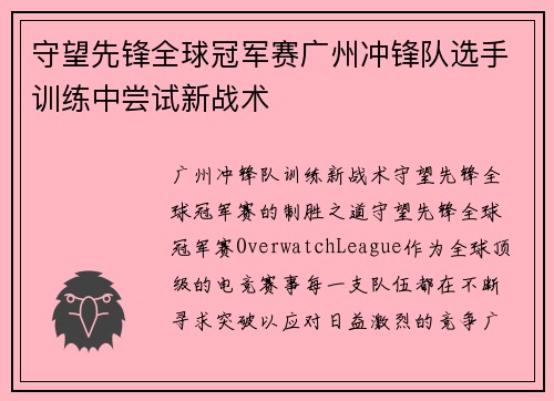 守望先锋全球冠军赛广州冲锋队选手训练中尝试新战术