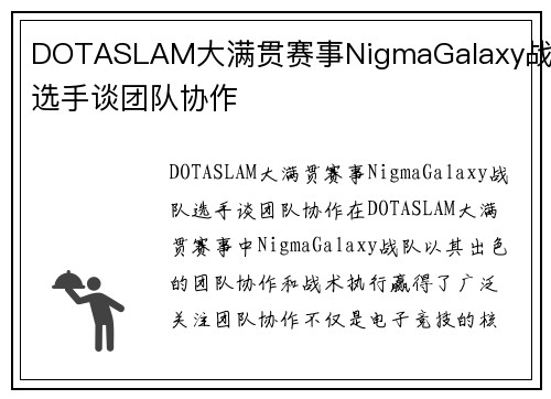 DOTASLAM大满贯赛事NigmaGalaxy战队选手谈团队协作